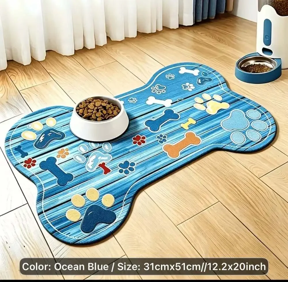 Non-Slip Quick-Dry Bone-Shaped Pet Feeding Mat Ocean Blue 12.2x20 Inch